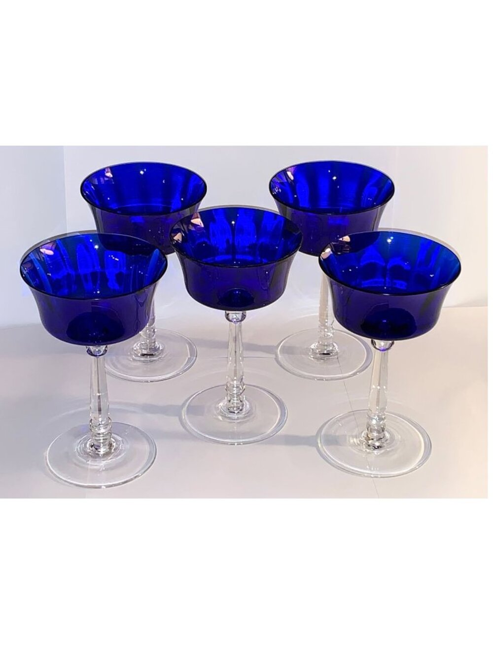 Vintage Cobalt Blue Champagne Wine Coupe Glasses w/ Clear Stem & Base (Set of 5)